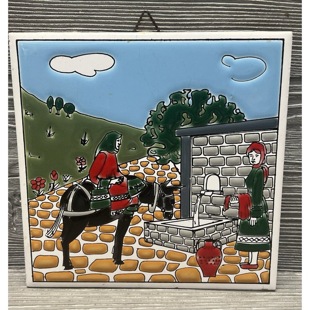 Vintage Tile Trivet Greece Soldier Horse at Well Knossos Ltd 6” Handmade Glossy